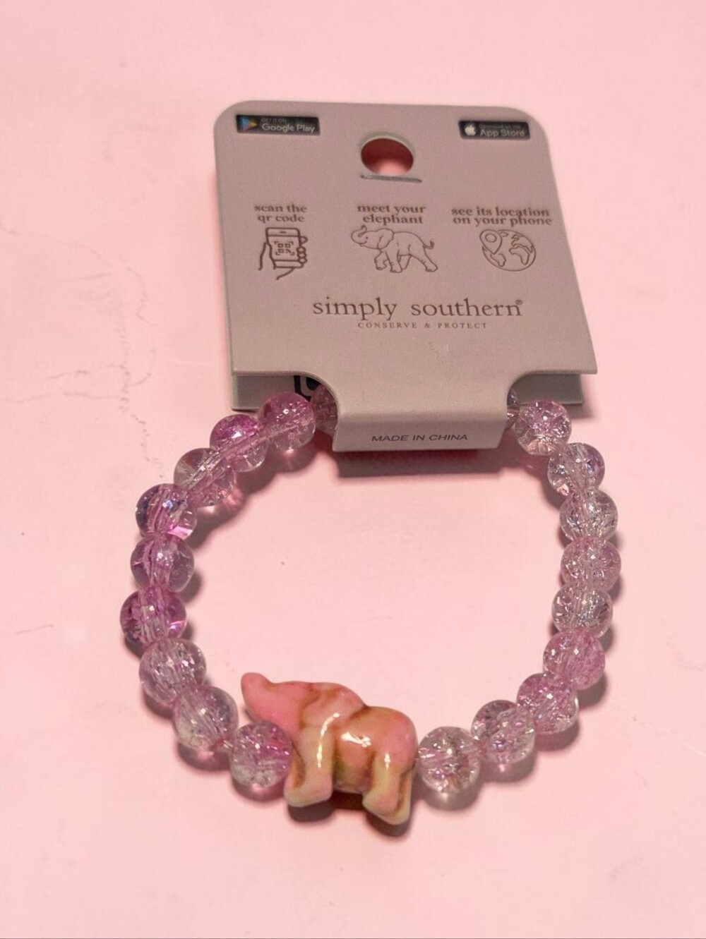 🩷Simply Southern Lt Pink Elephant Tracker Bracelet, w/Pink/Cream Elephant, NWT - Picture 2 of 3